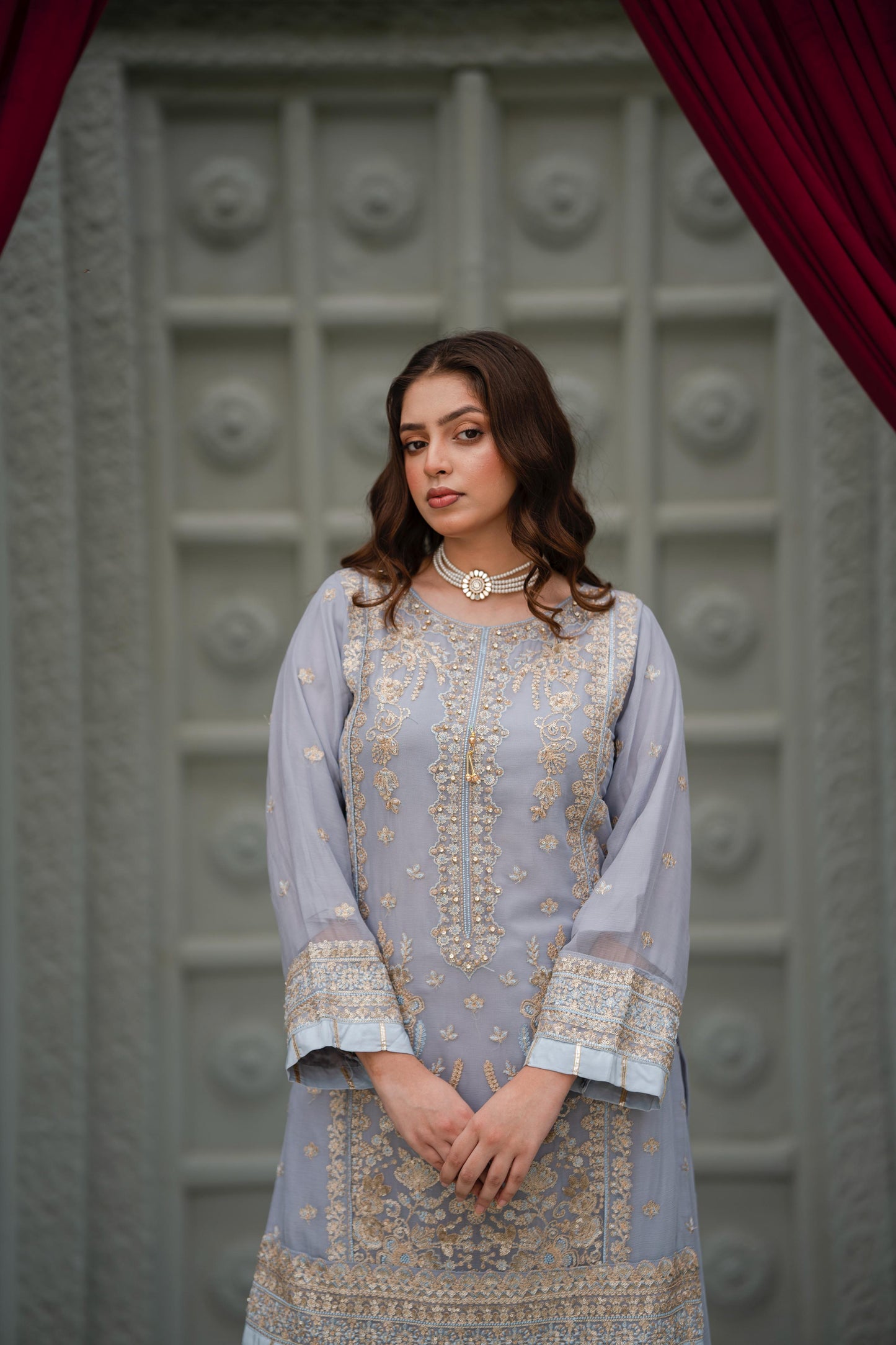 Lilac Embroidered Crinkle Chiffon 3-Piece Suit