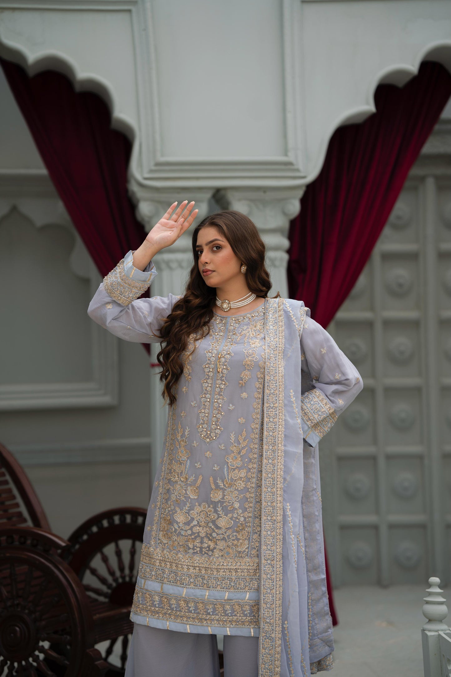 Lilac Embroidered Crinkle Chiffon 3-Piece Suit