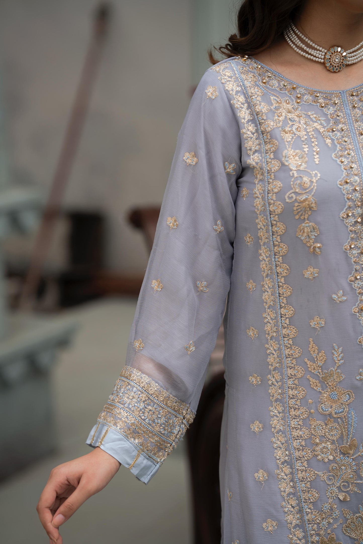 Lilac Embroidered Crinkle Chiffon 3-Piece Suit
