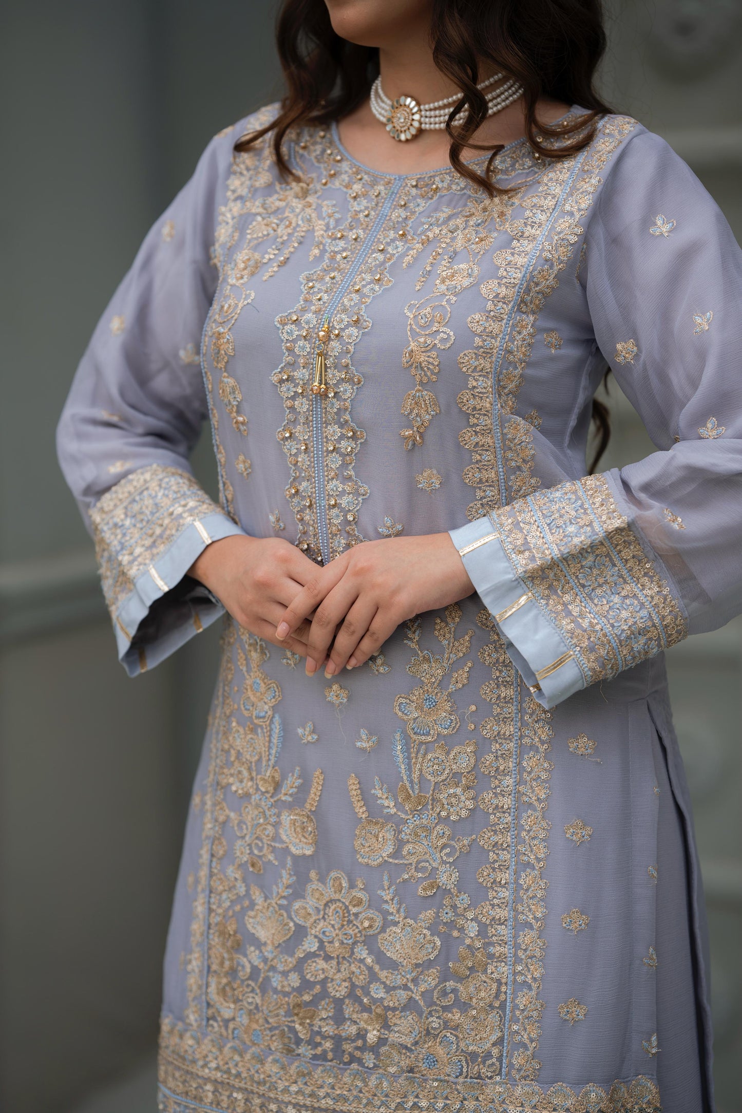Lilac Embroidered Crinkle Chiffon 3-Piece Suit