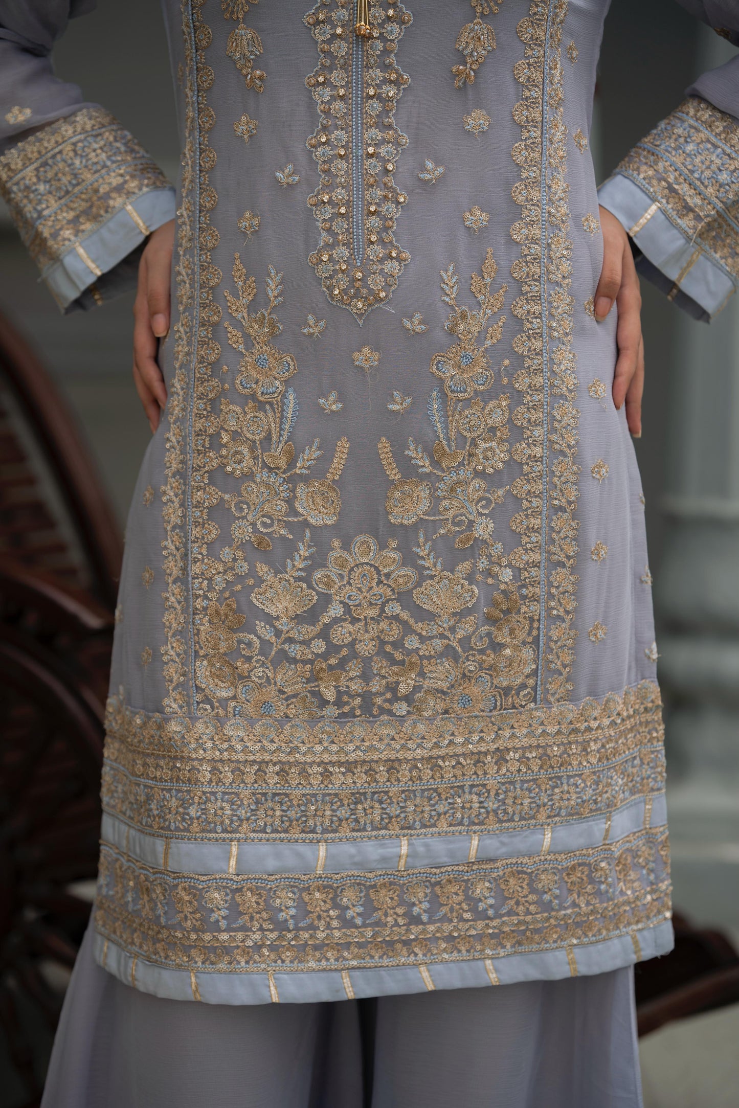 Lilac Embroidered Crinkle Chiffon 3-Piece Suit