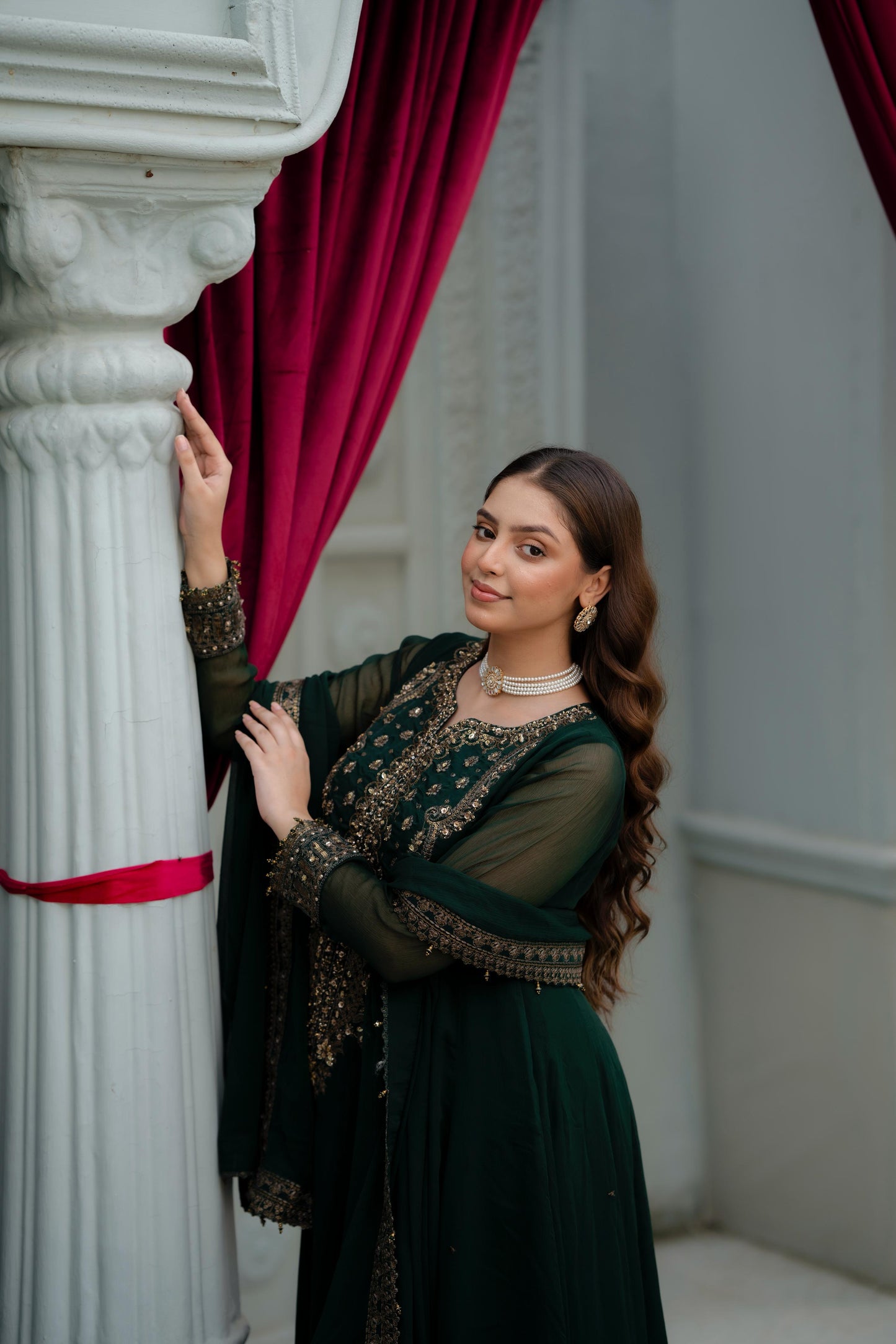 Emerald Glam – Embroidered Crinkle Chiffon 3-Piece Suit