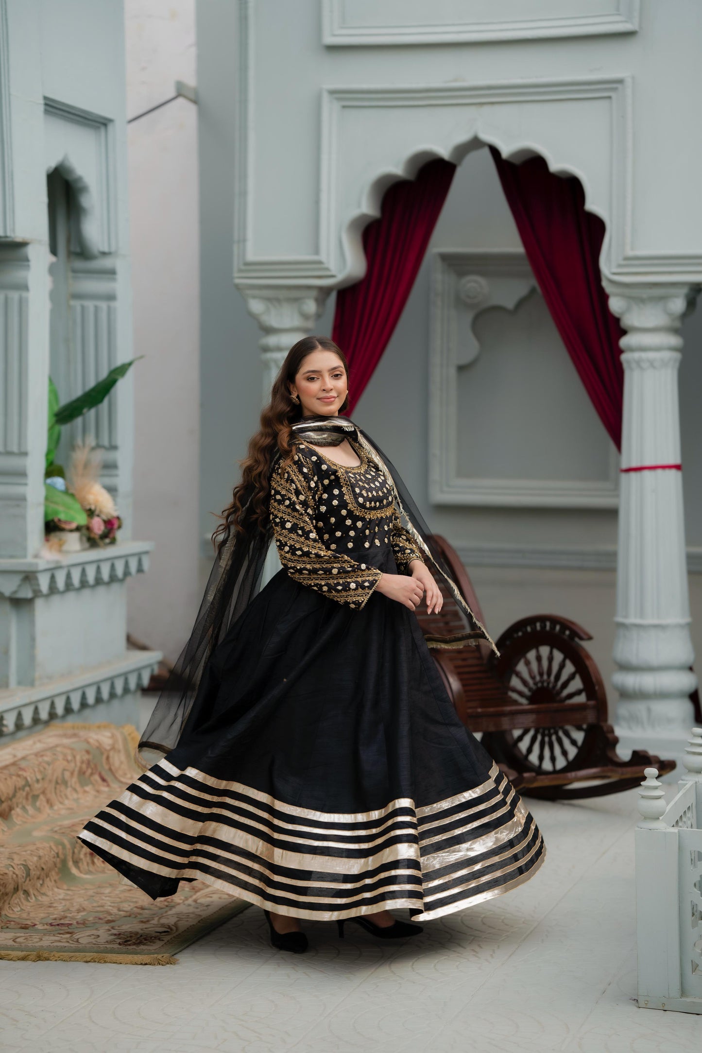 Black Raw Silk Frock with Net Dupatta