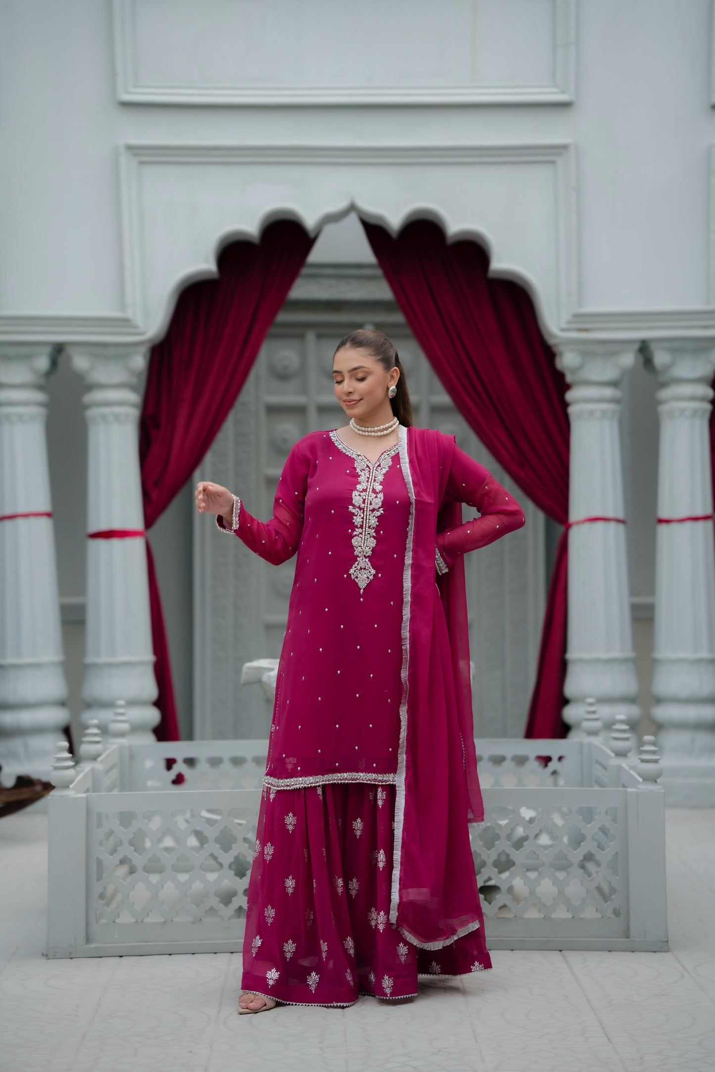 Fuchsia Pink Crinkle Chiffon With Printed Trouser & Handmade Embroidery