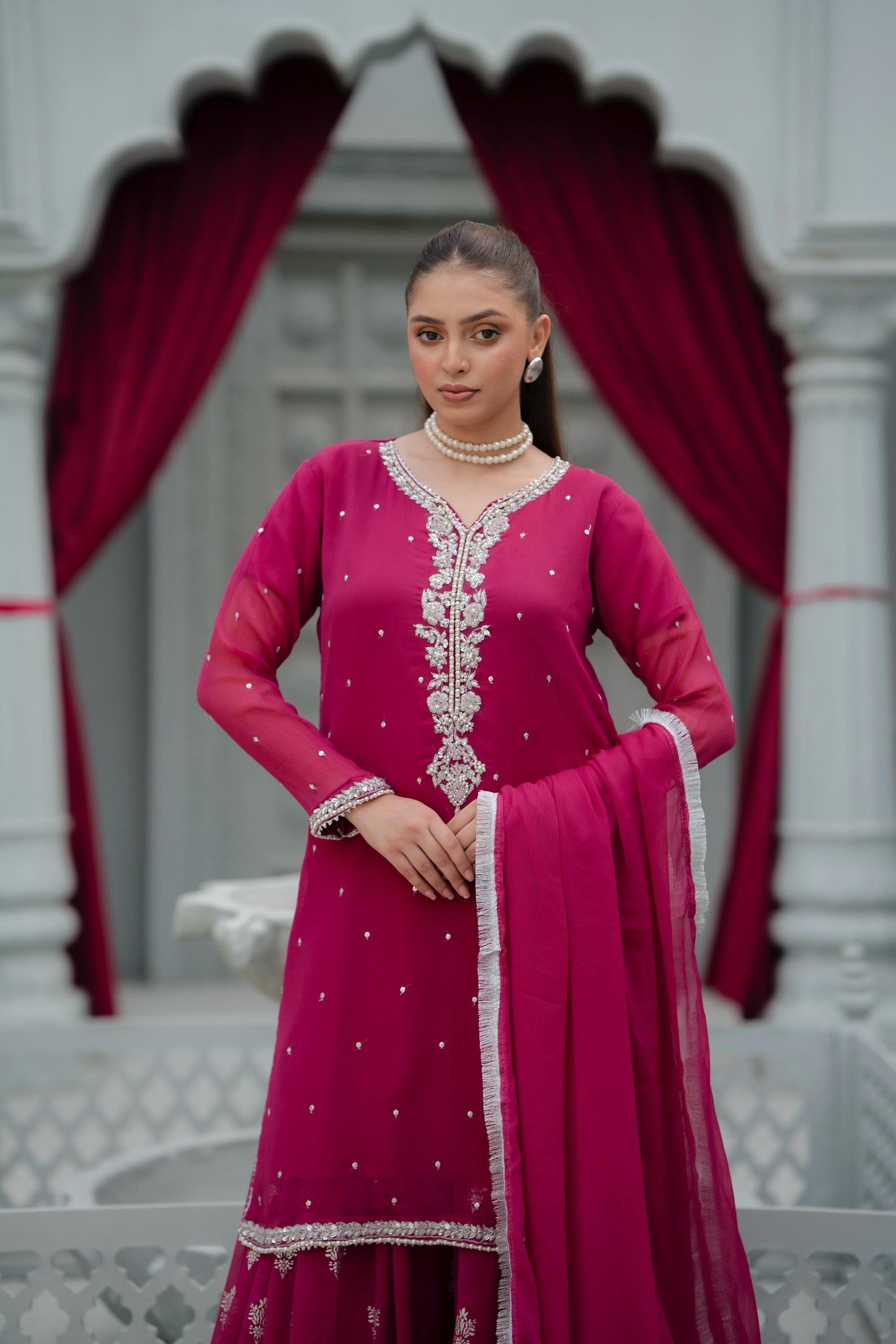 Fuchsia Pink Crinkle Chiffon With Printed Trouser & Handmade Embroidery