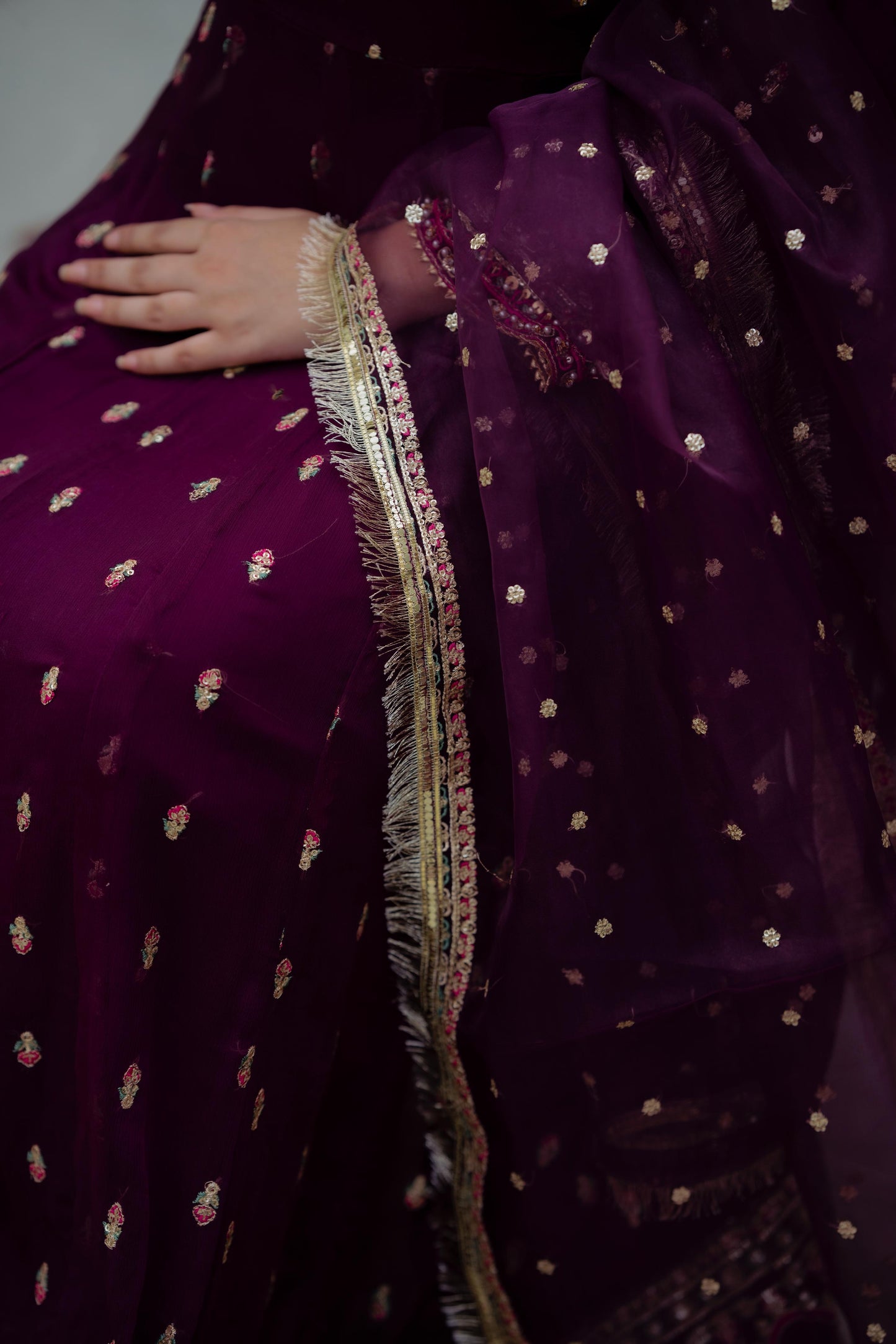 Gulnaz – Purple & Gold Crinkle Chiffon 3pc Suit