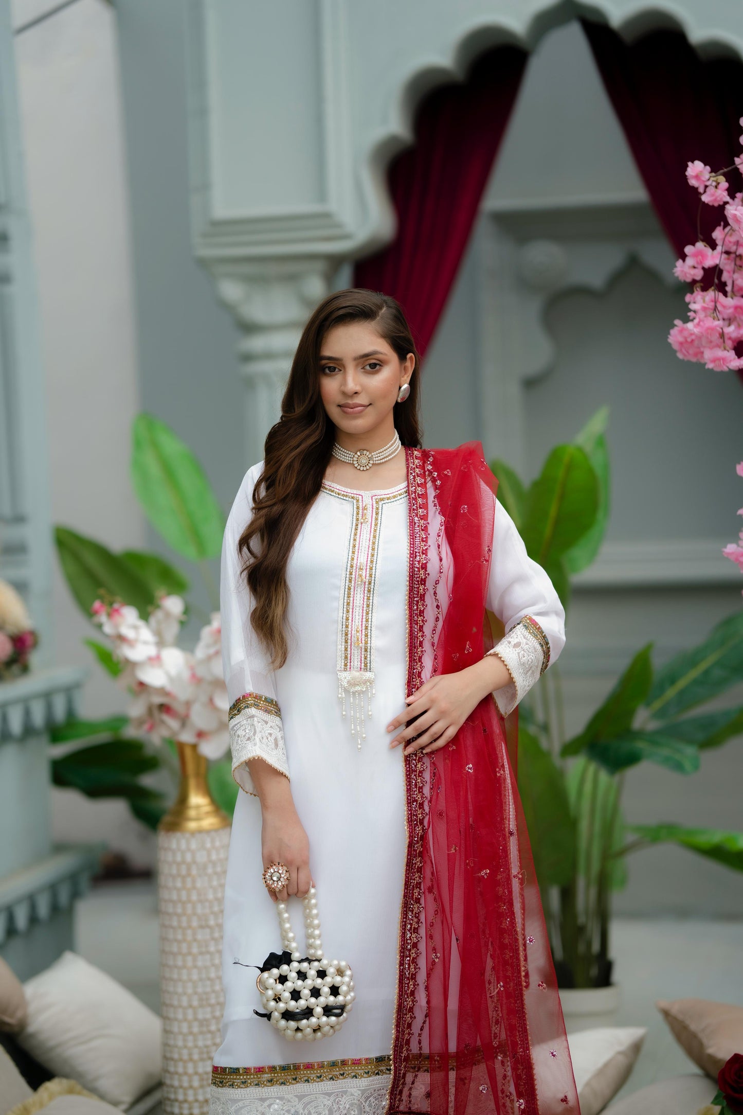 White crinkle chiffon/Raw Silk with Red Net Dupatta 3pc