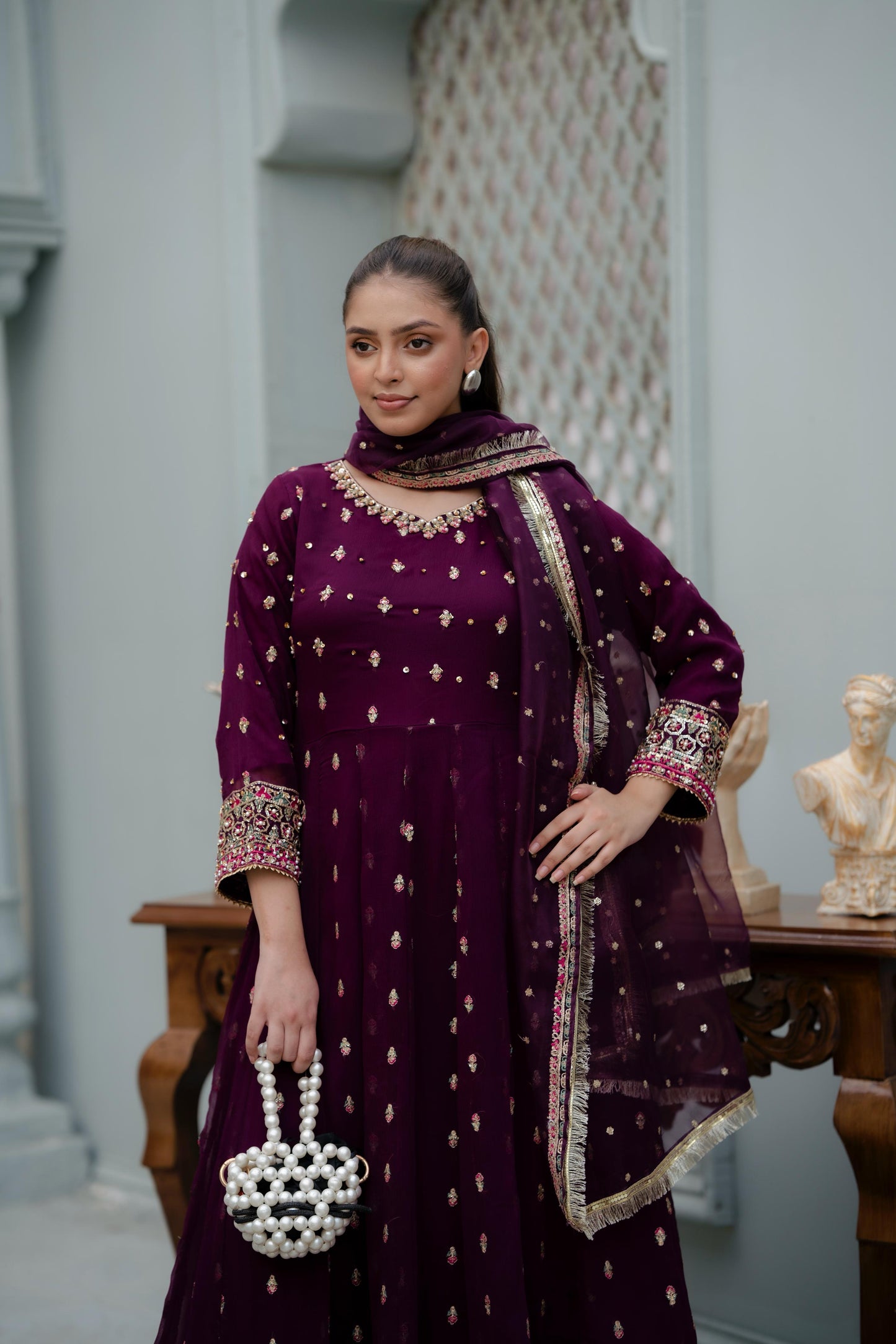 Gulnaz – Purple & Gold Crinkle Chiffon 3pc Suit