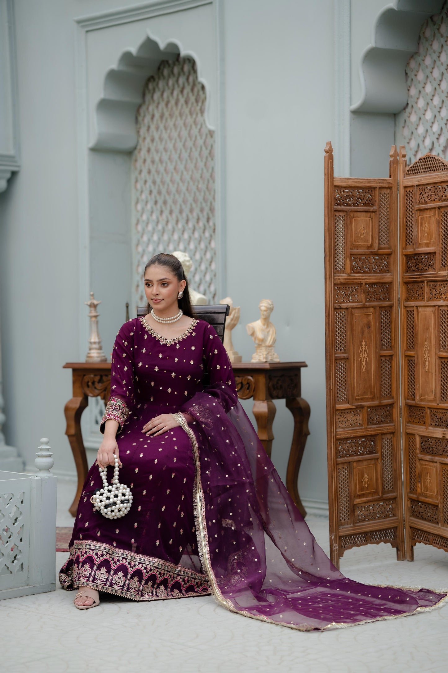 Gulnaz – Purple & Gold Crinkle Chiffon 3pc Suit