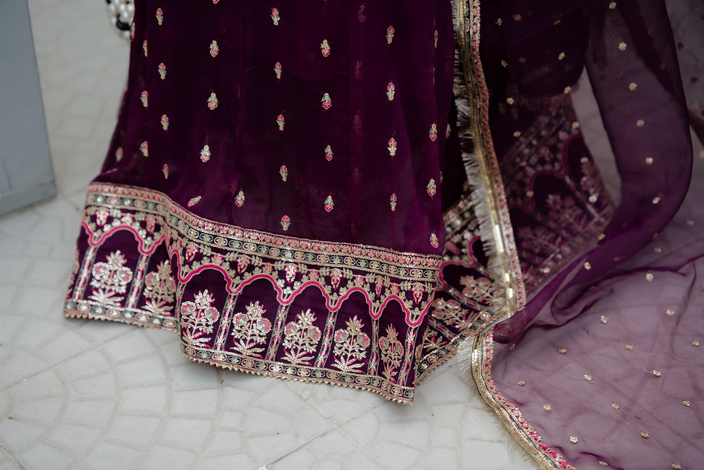 Gulnaz – Purple & Gold Crinkle Chiffon 3pc Suit