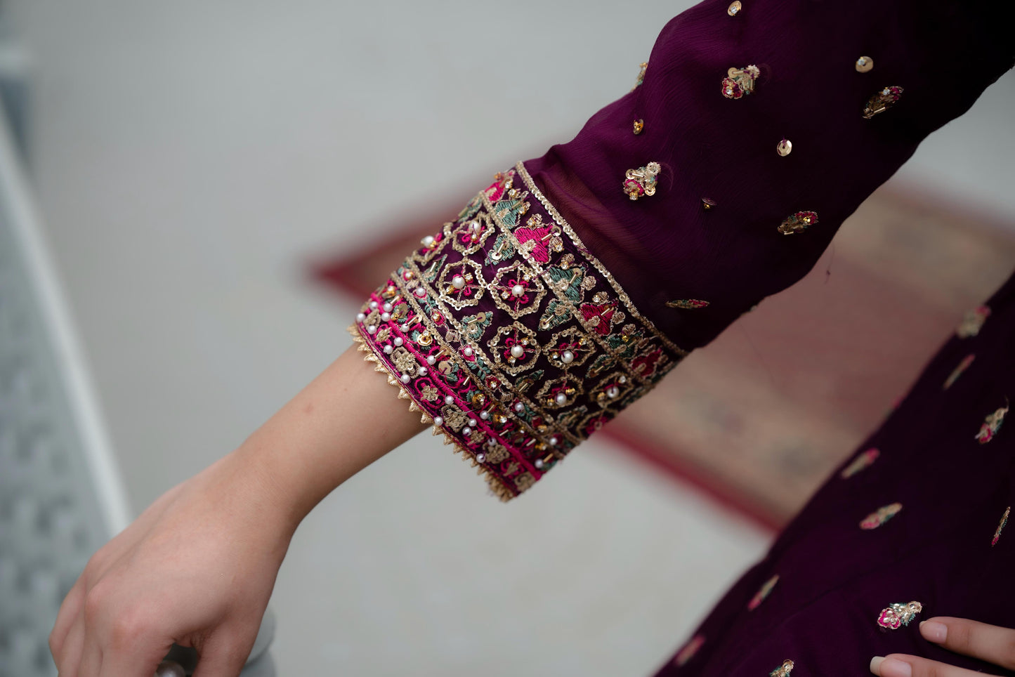 Gulnaz – Purple & Gold Crinkle Chiffon 3pc Suit