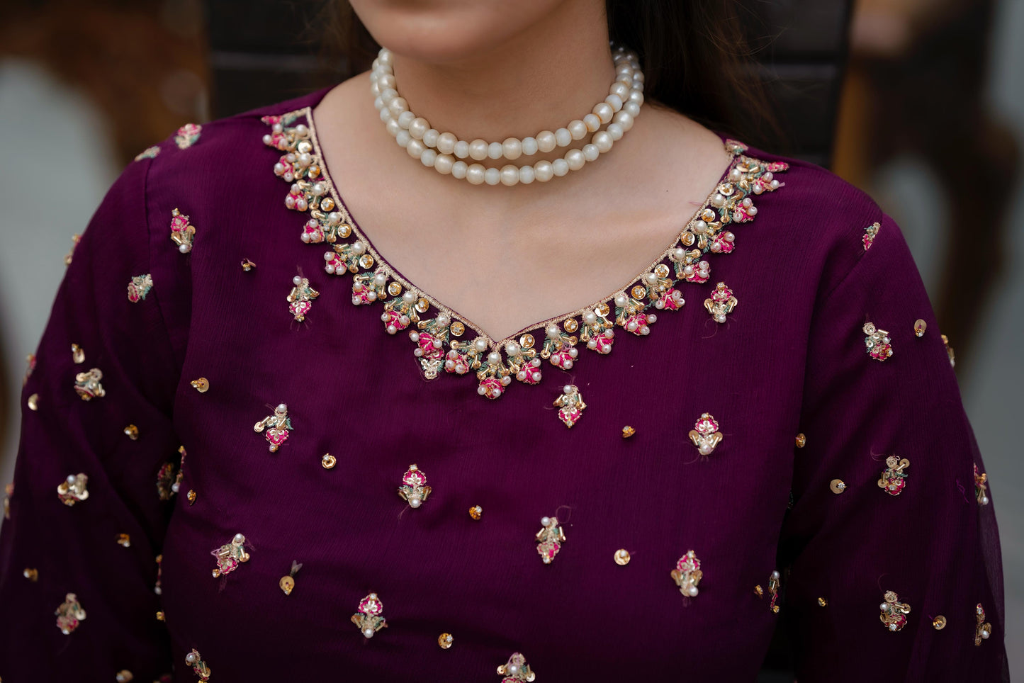 Gulnaz – Purple & Gold Crinkle Chiffon 3pc Suit
