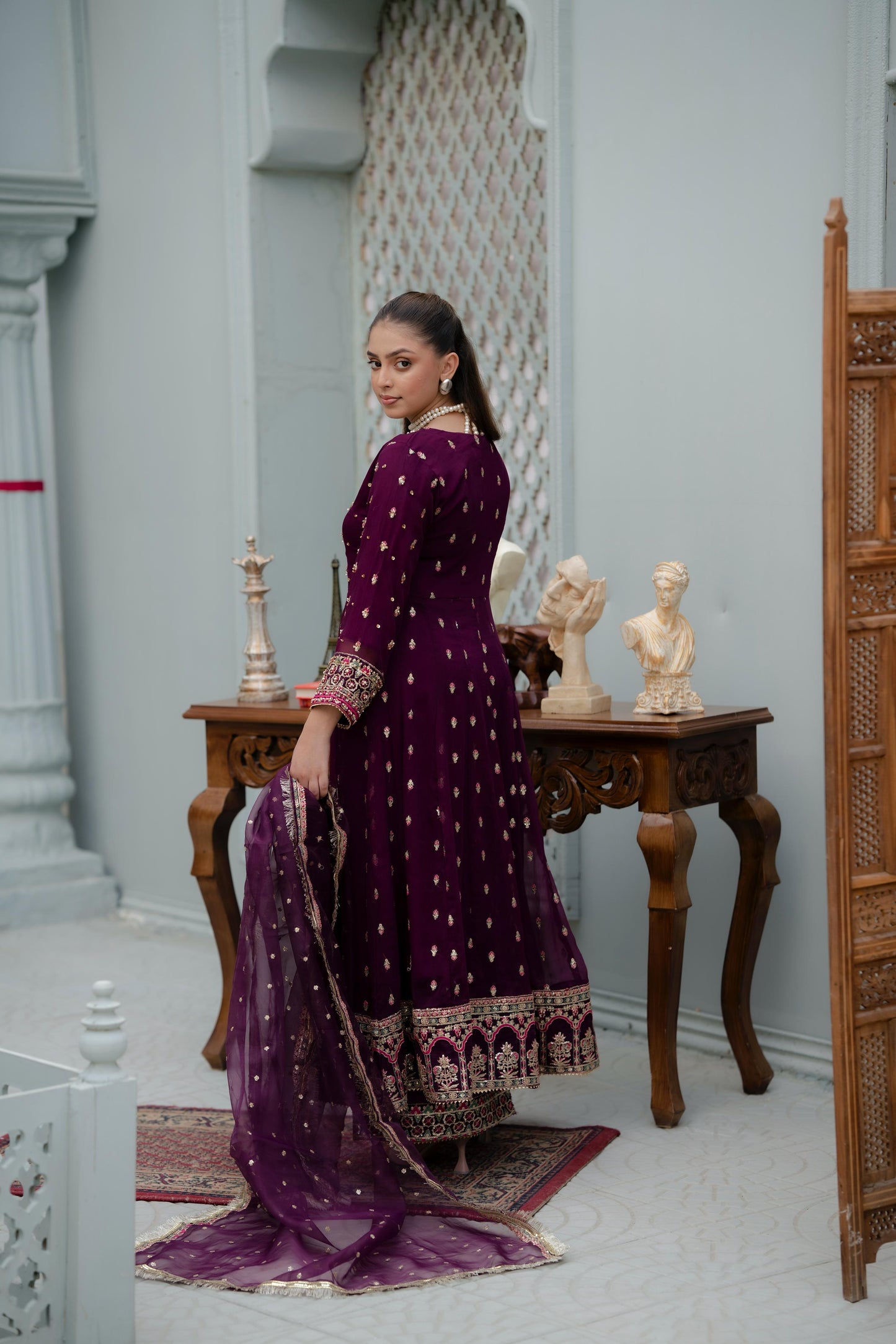 Gulnaz – Purple & Gold Crinkle Chiffon 3pc Suit