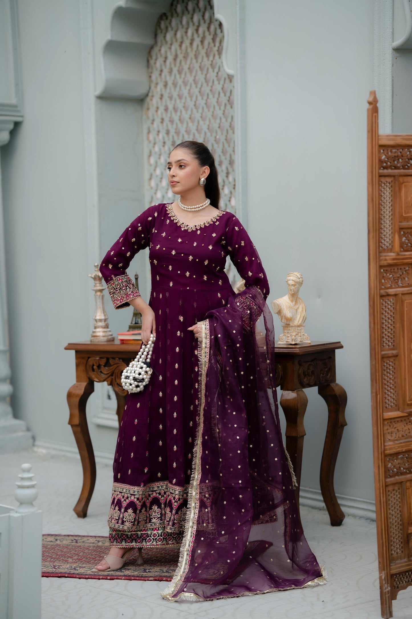 Gulnaz – Purple & Gold Crinkle Chiffon 3pc Suit
