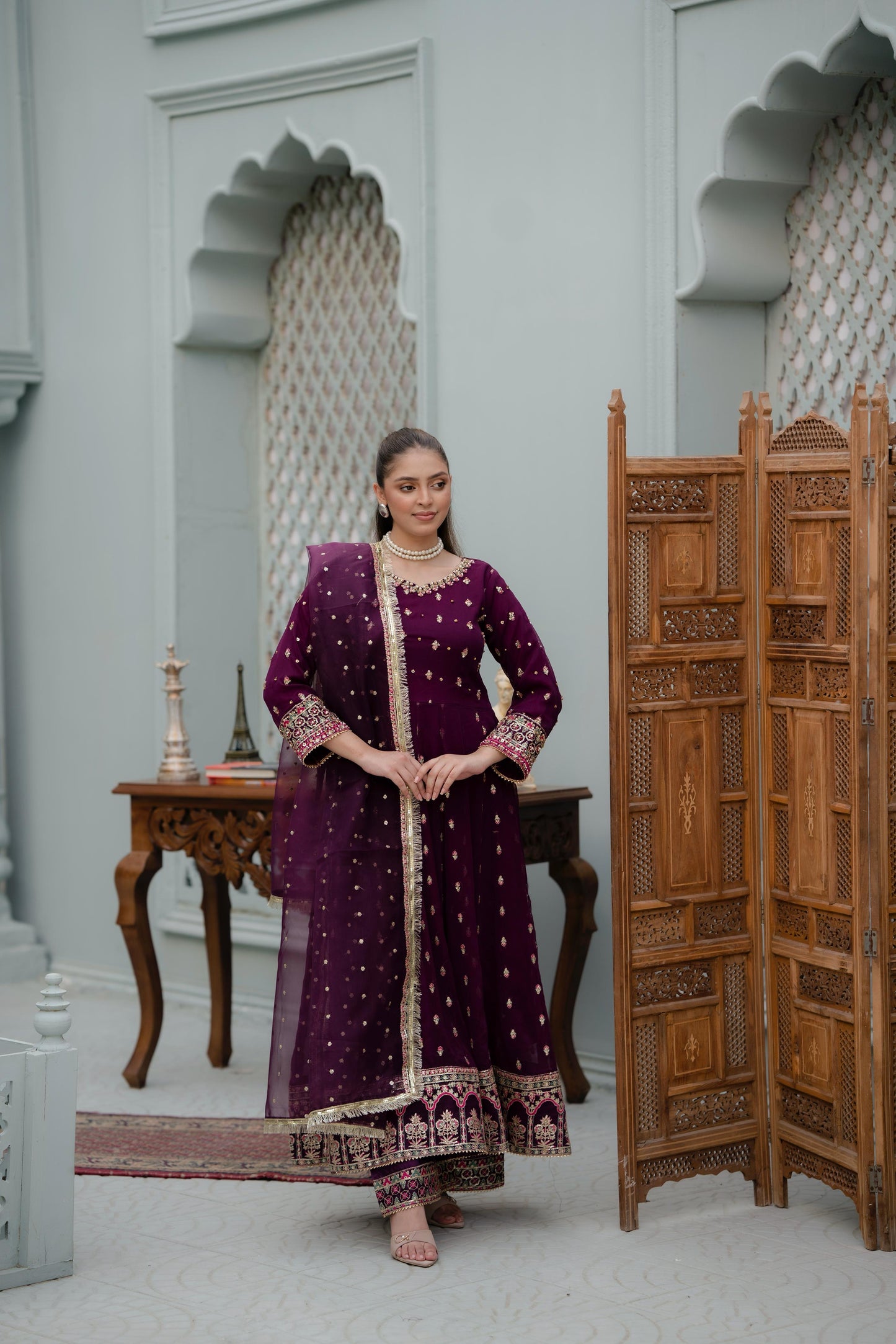Gulnaz – Purple & Gold Crinkle Chiffon 3pc Suit