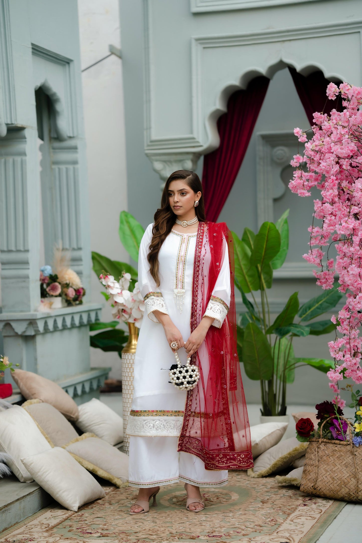 White crinkle chiffon/Raw Silk with Red Net Dupatta 3pc
