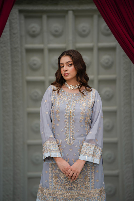Lilac Embroidered Crinkle Chiffon 3-Piece Suit