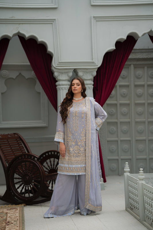 Lilac Embroidered Crinkle Chiffon 3-Piece Suit