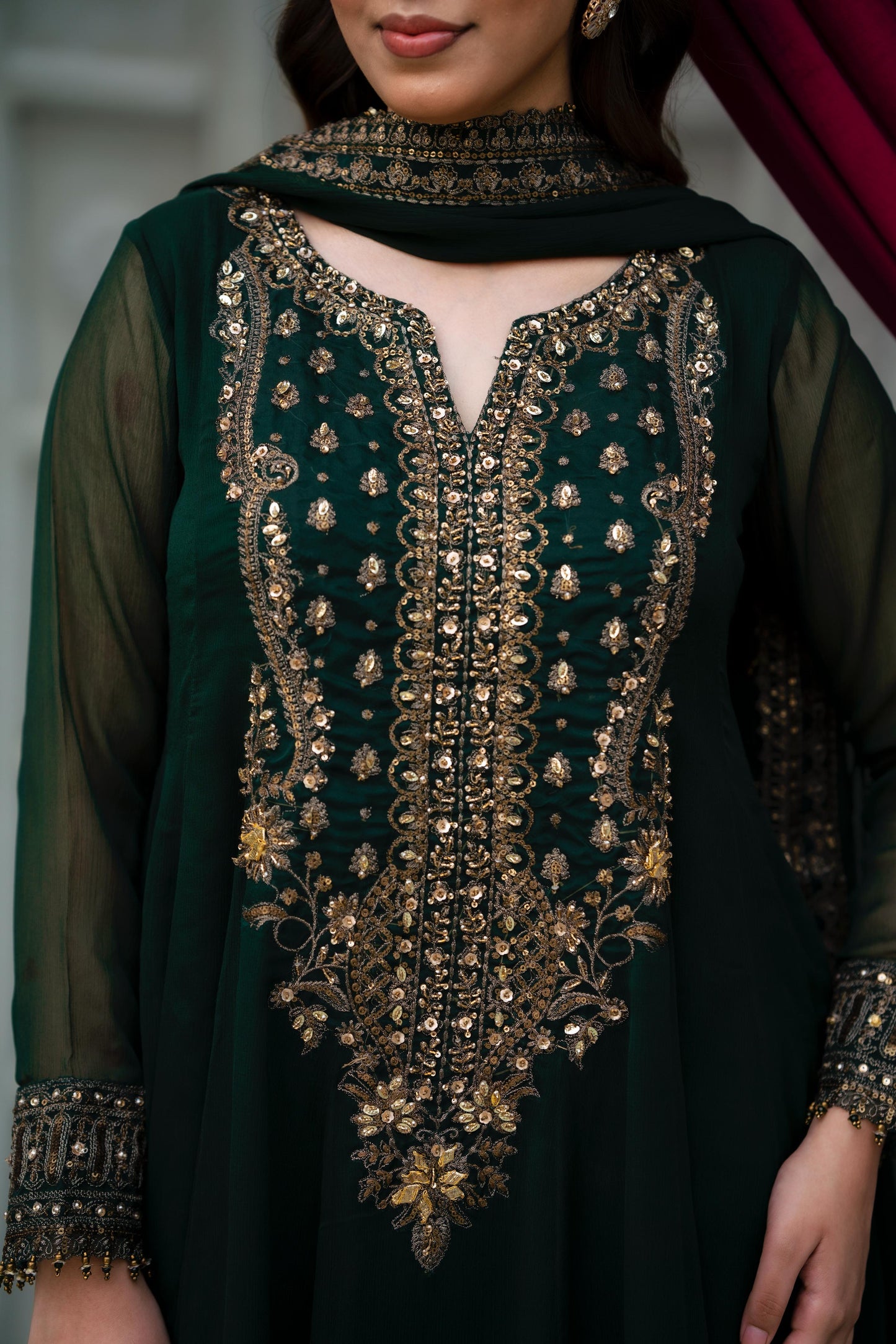 Emerald Glam – Embroidered Crinkle Chiffon 3-Piece Suit