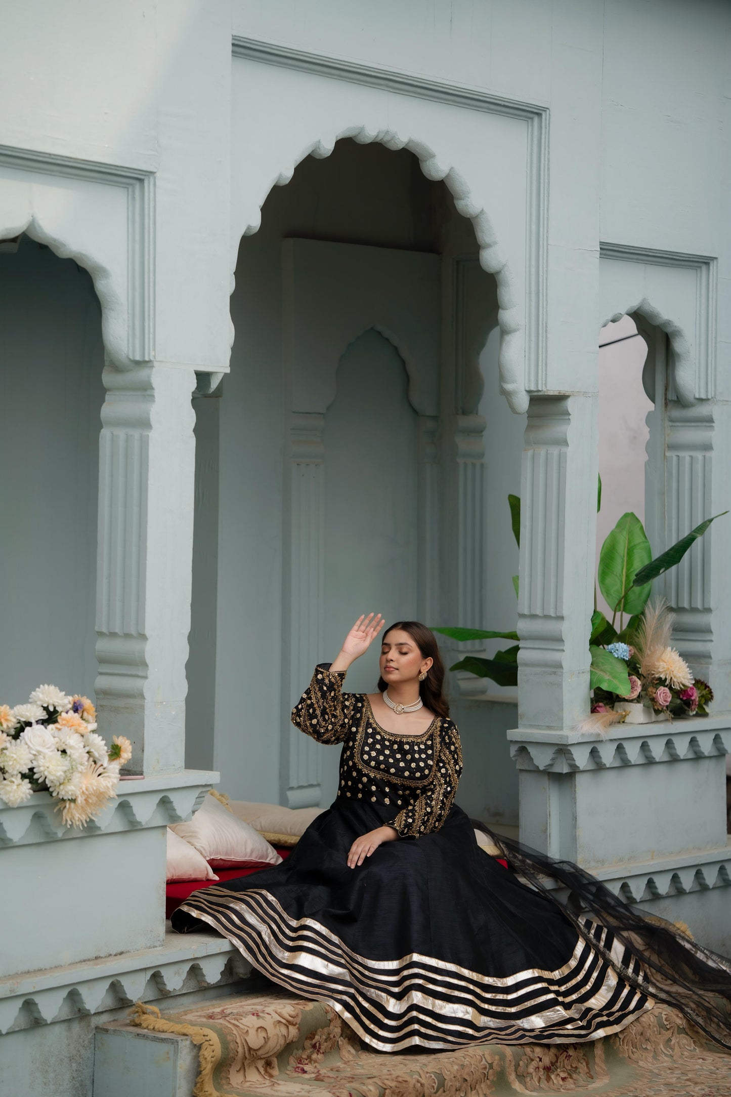 Black Raw Silk Frock with Net Dupatta