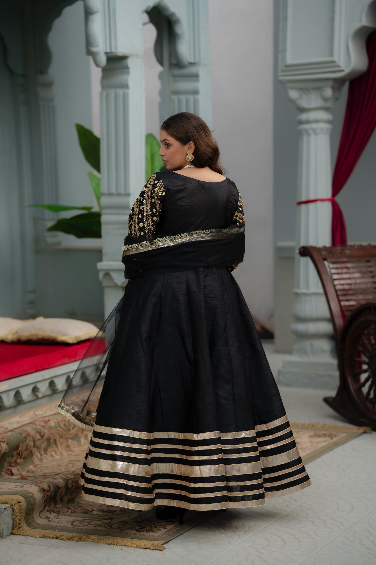 Black Raw Silk Frock with Net Dupatta