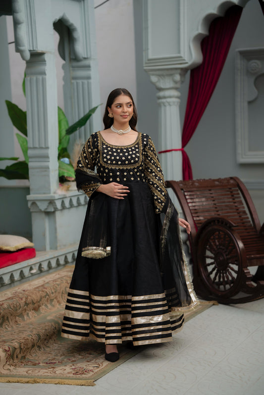 Black Raw Silk Frock with Net Dupatta