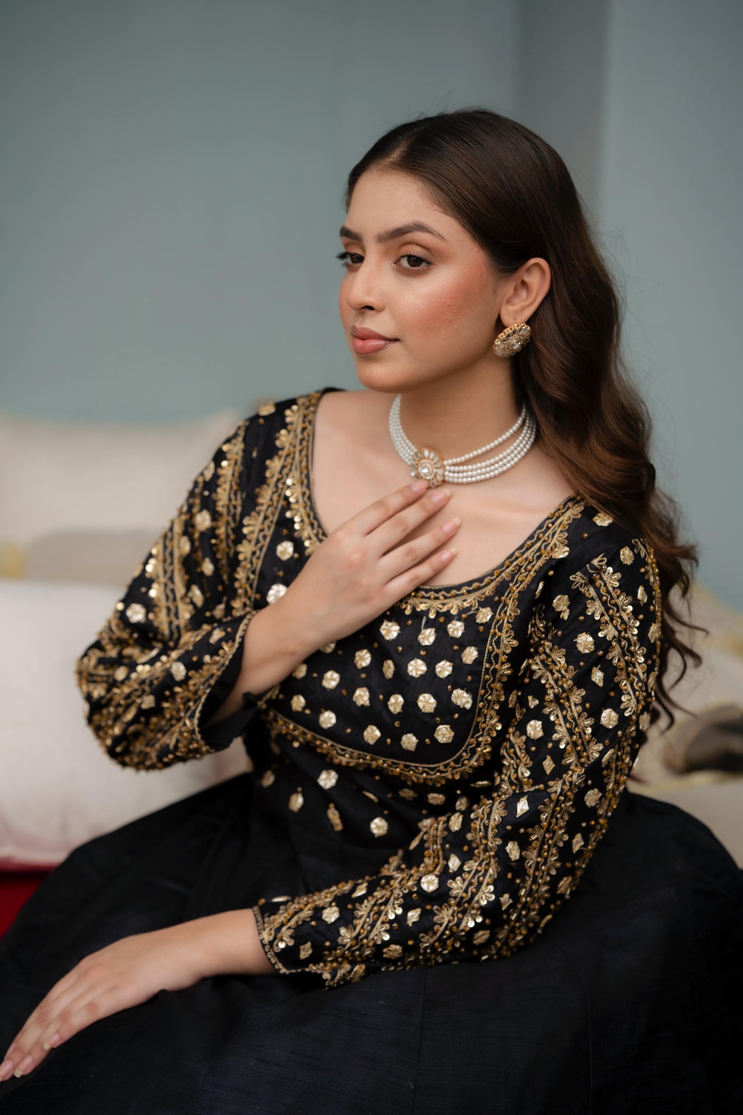 Black Raw Silk Frock with Net Dupatta