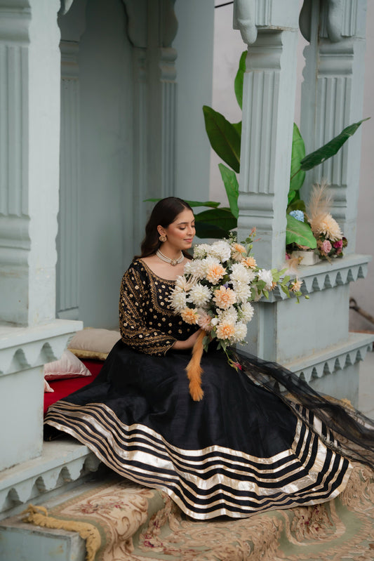 Black Raw Silk Frock with Net Dupatta