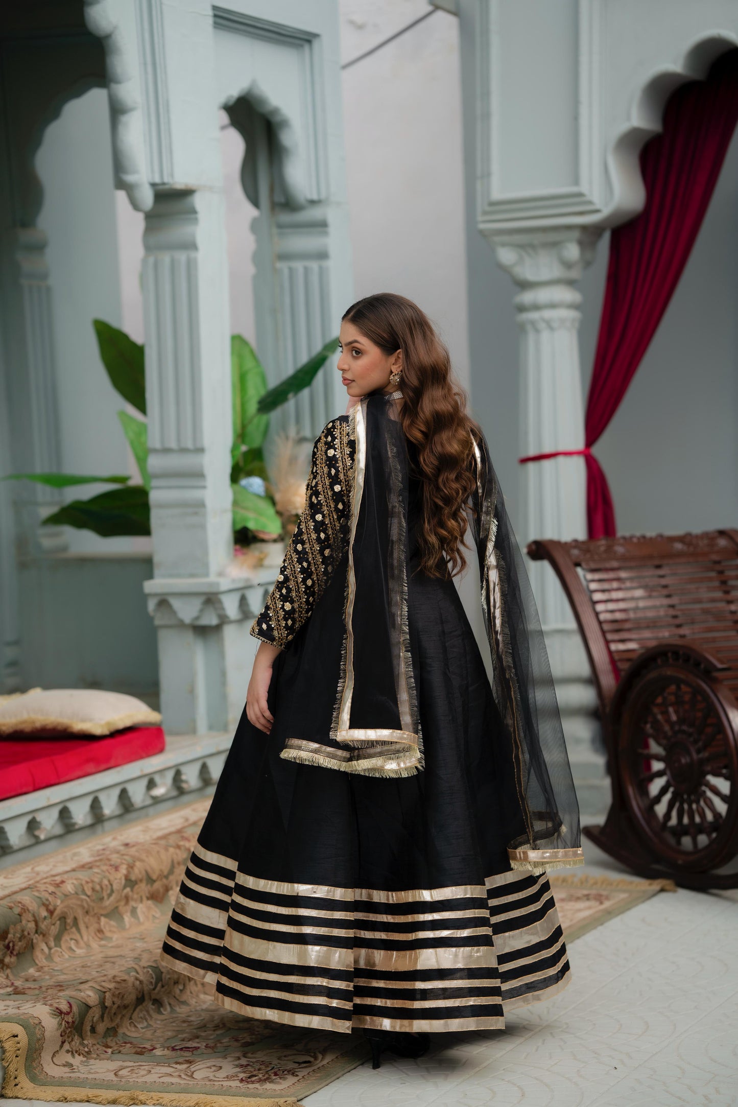 Black Raw Silk Frock with Net Dupatta