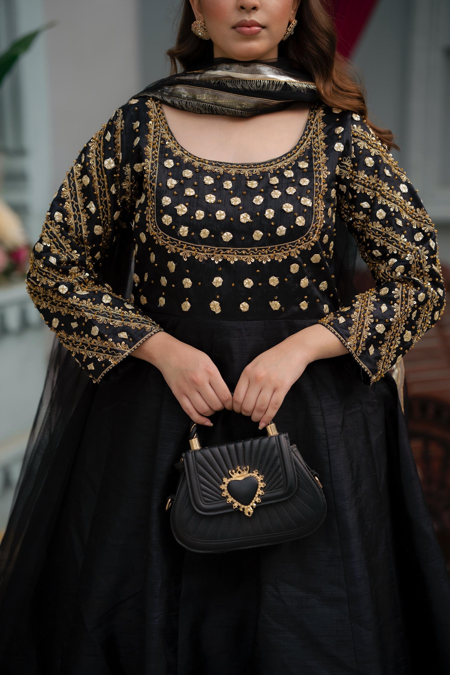 Black Raw Silk Frock with Net Dupatta
