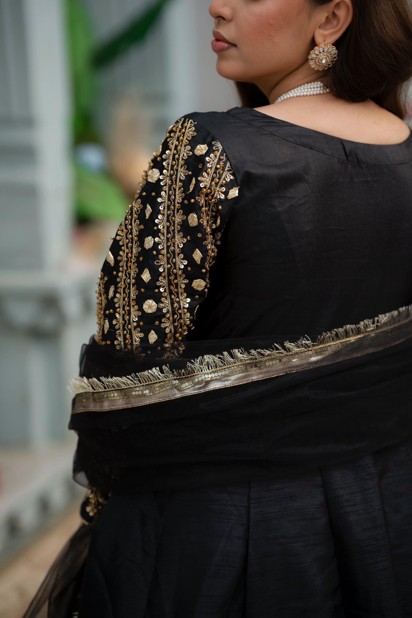 Black Raw Silk Frock with Net Dupatta
