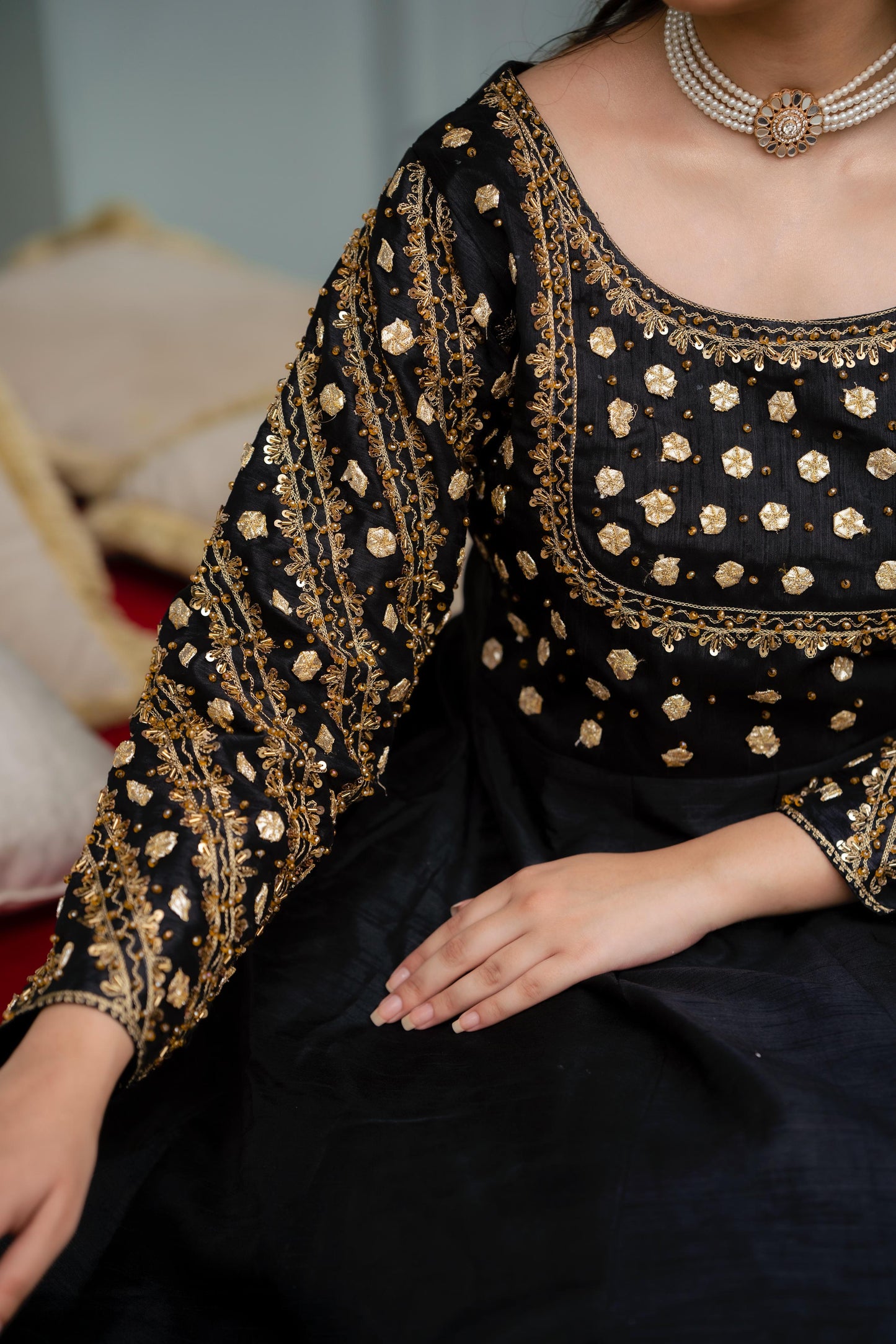 Black Raw Silk Frock with Net Dupatta