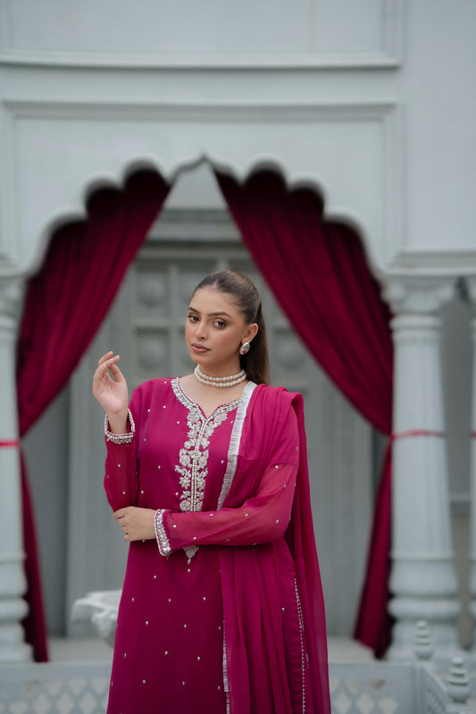 Fuchsia Pink Crinkle Chiffon With Printed Trouser & Handmade Embroidery