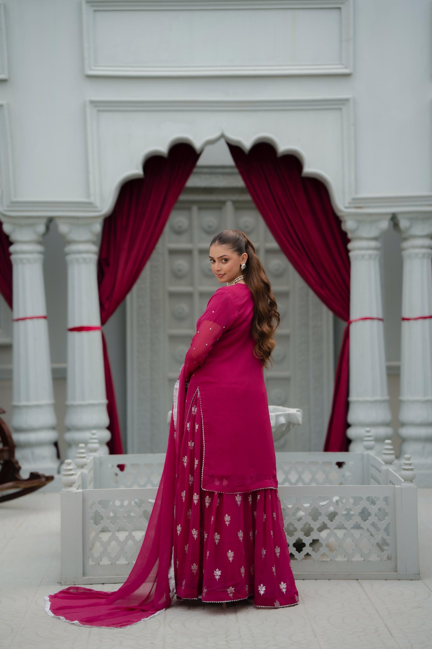 Fuchsia Pink Crinkle Chiffon With Printed Trouser & Handmade Embroidery