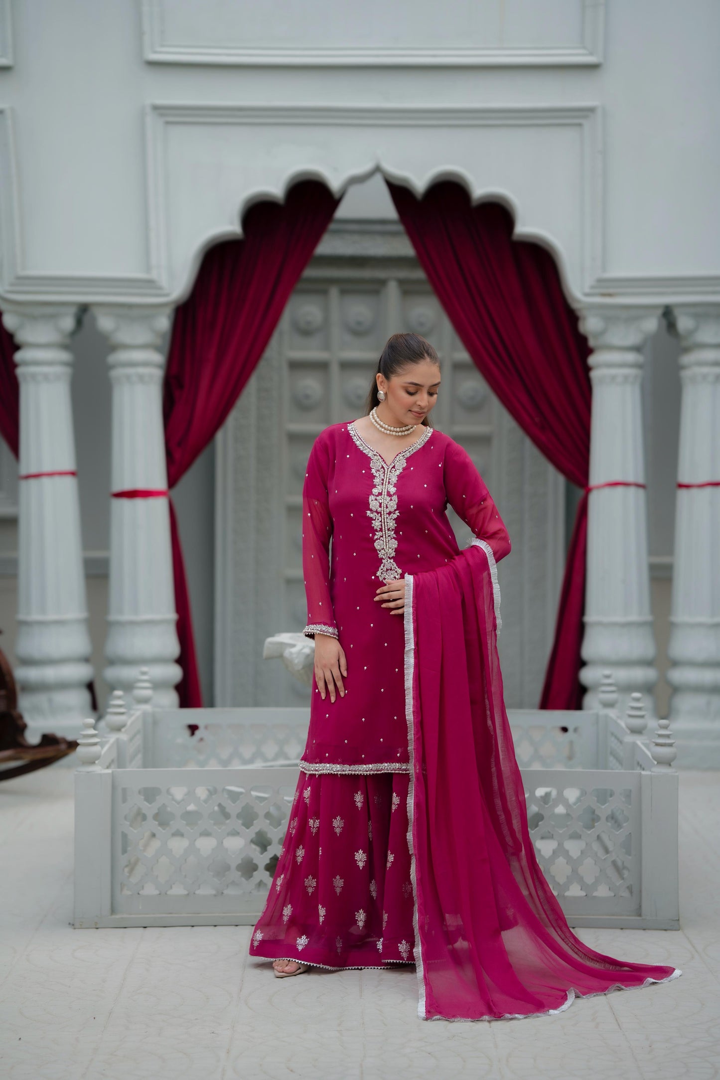 Fuchsia Pink Crinkle Chiffon With Printed Trouser & Handmade Embroidery