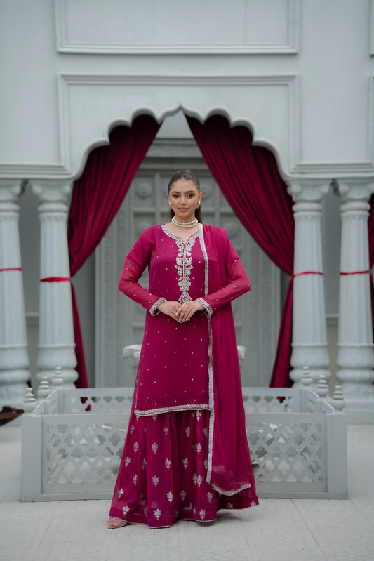 Fuchsia Pink Crinkle Chiffon With Printed Trouser & Handmade Embroidery