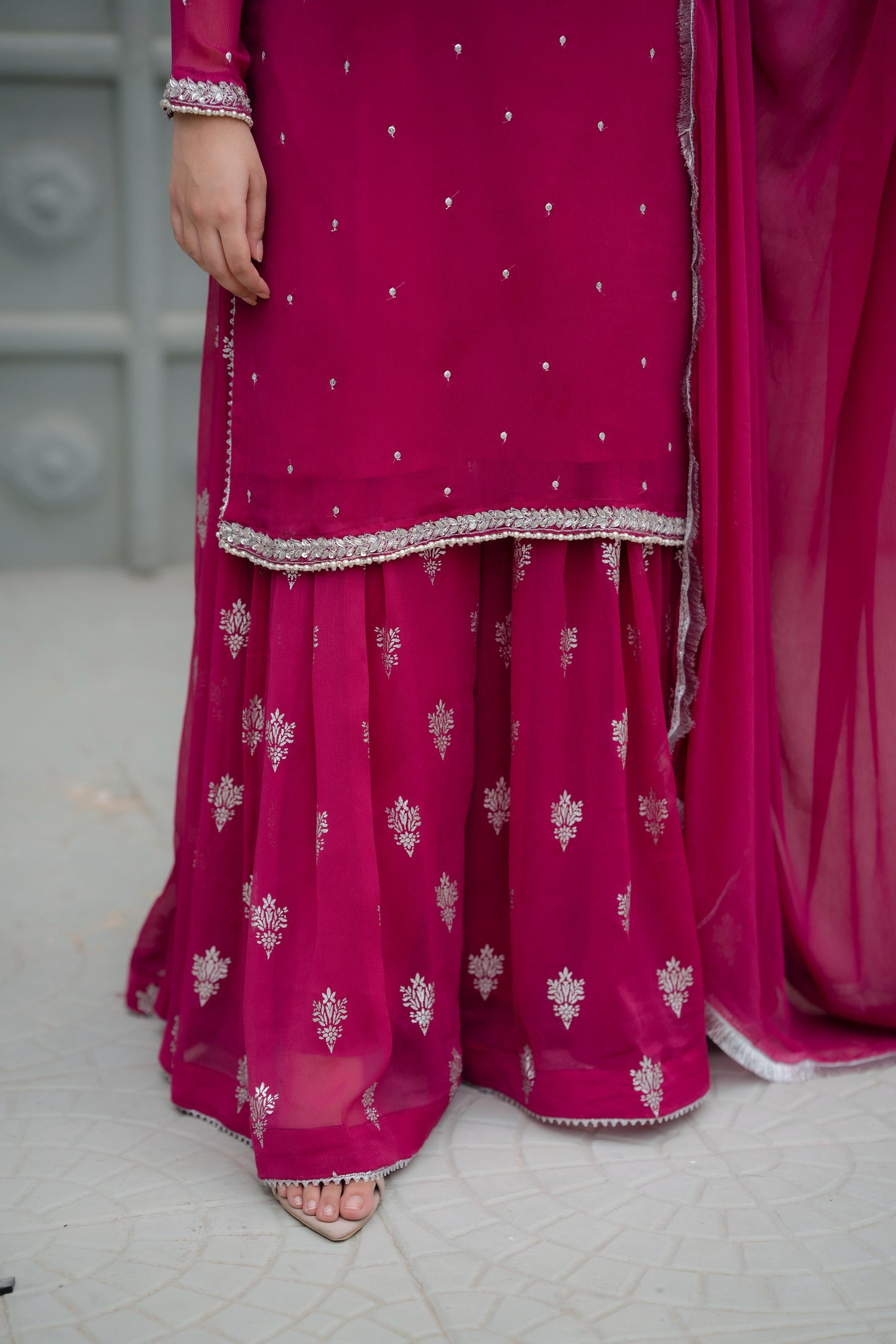 Fuchsia Pink Crinkle Chiffon With Printed Trouser & Handmade Embroidery