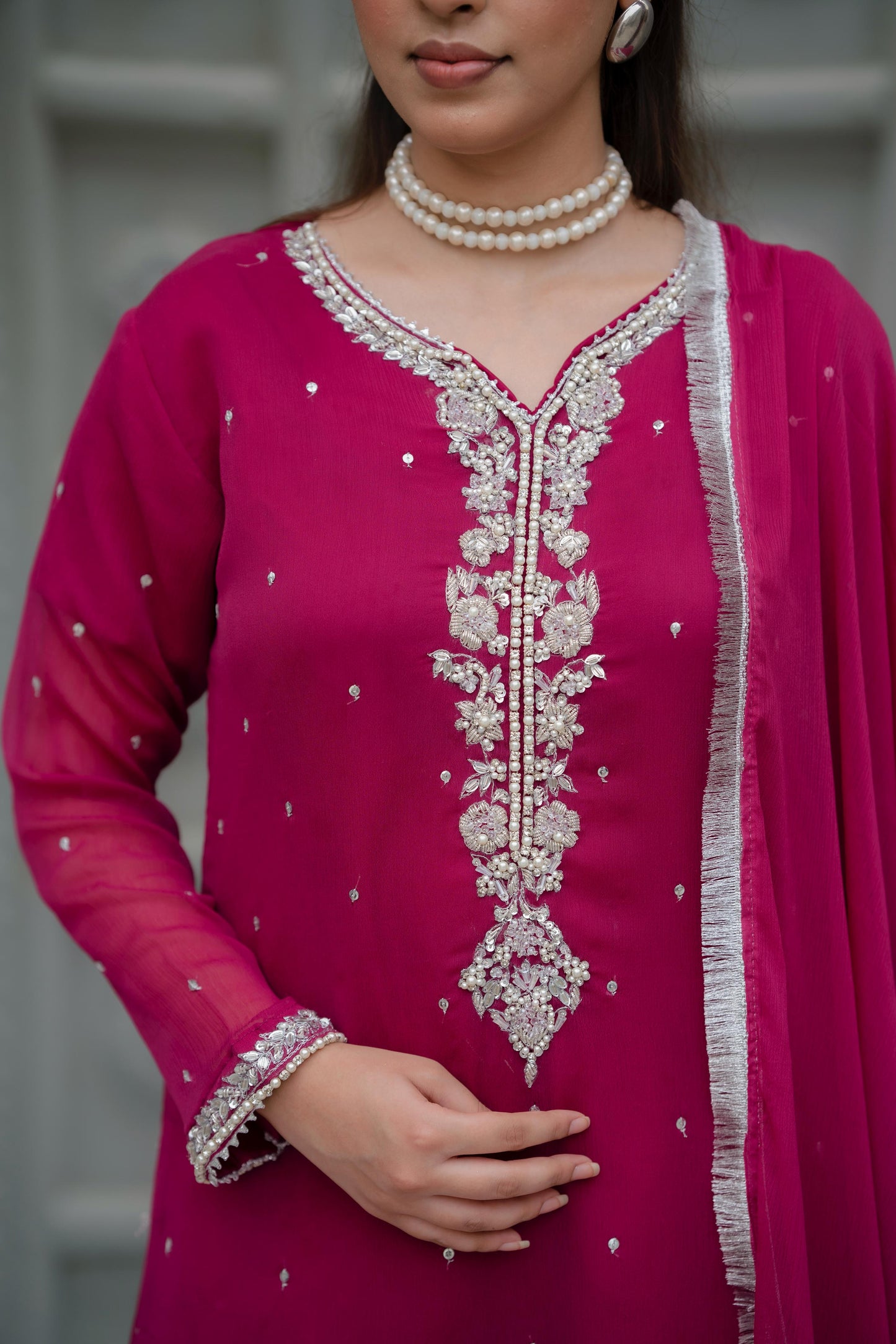 Fuchsia Pink Crinkle Chiffon With Printed Trouser & Handmade Embroidery