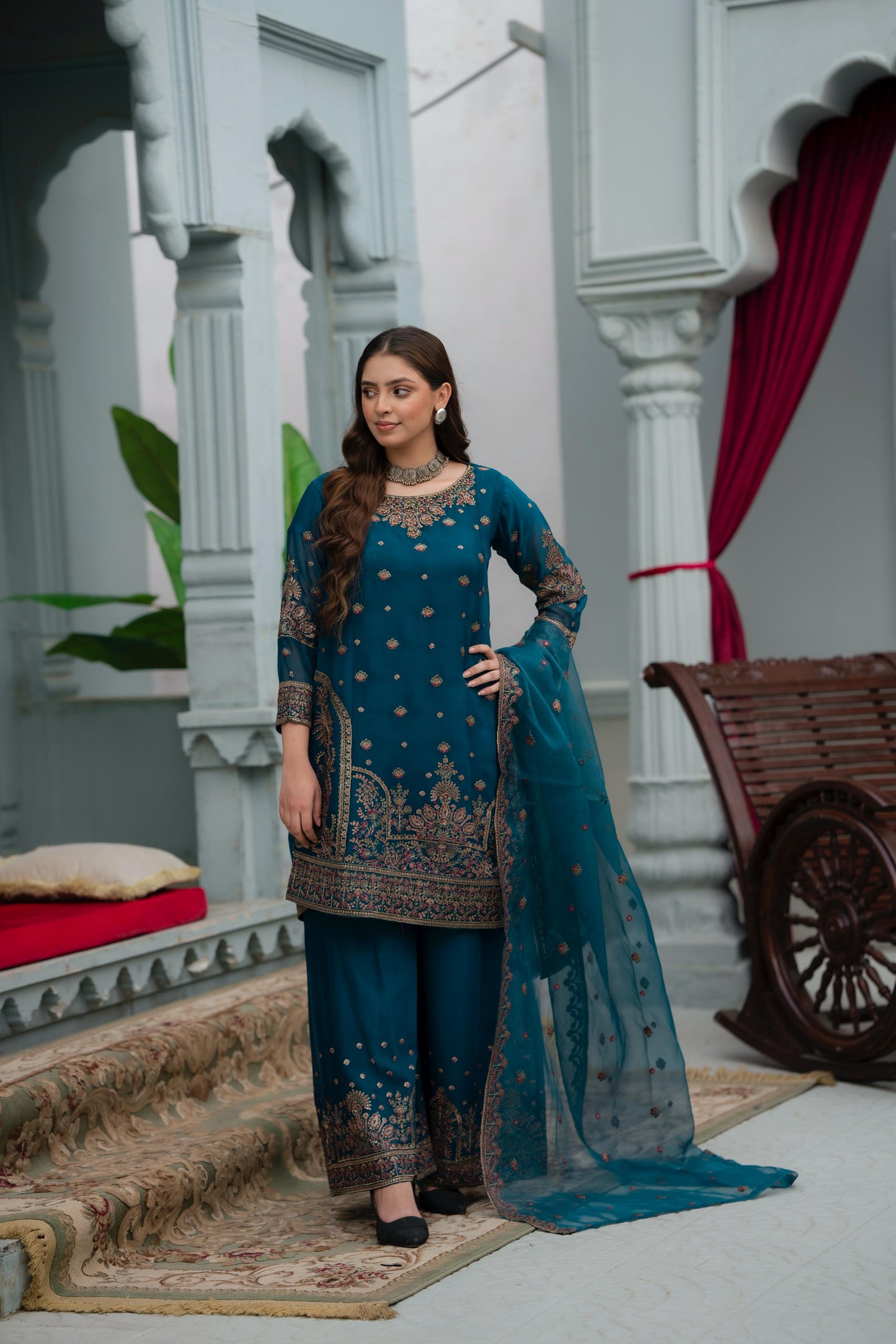 Blue Handmade Embroidered Crinkle Chiffon Outfit With Organza Dupatta
