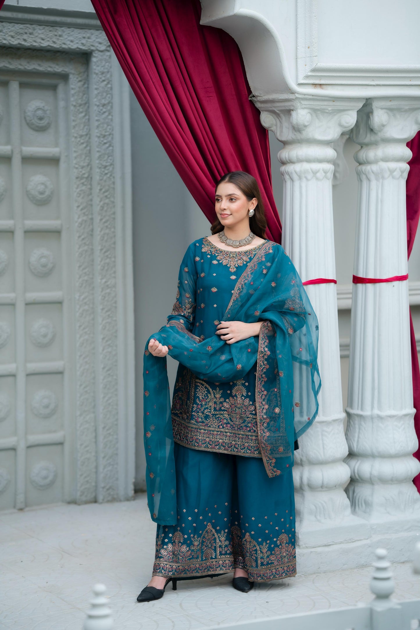 Blue Handmade Embroidered Crinkle Chiffon Outfit With Organza Dupatta