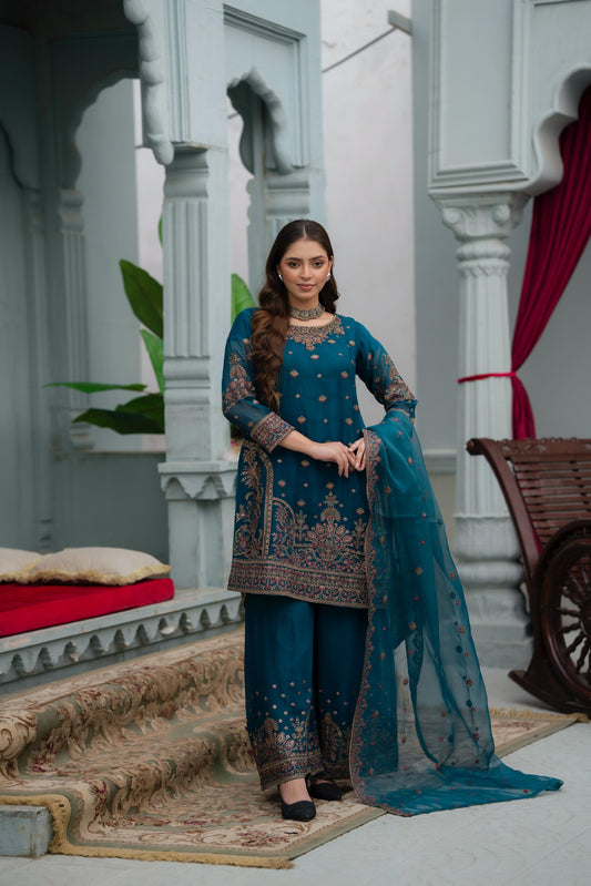 Blue Handmade Embroidered Crinkle Chiffon Outfit With Organza Dupatta