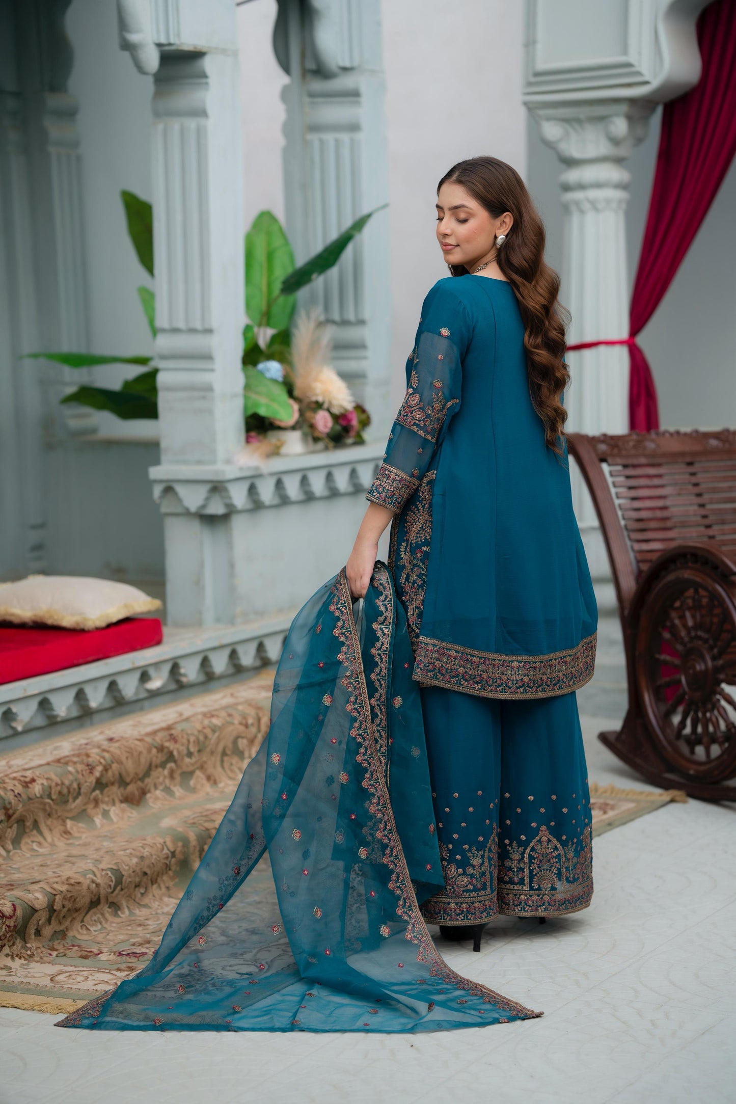 Blue Handmade Embroidered Crinkle Chiffon Outfit With Organza Dupatta