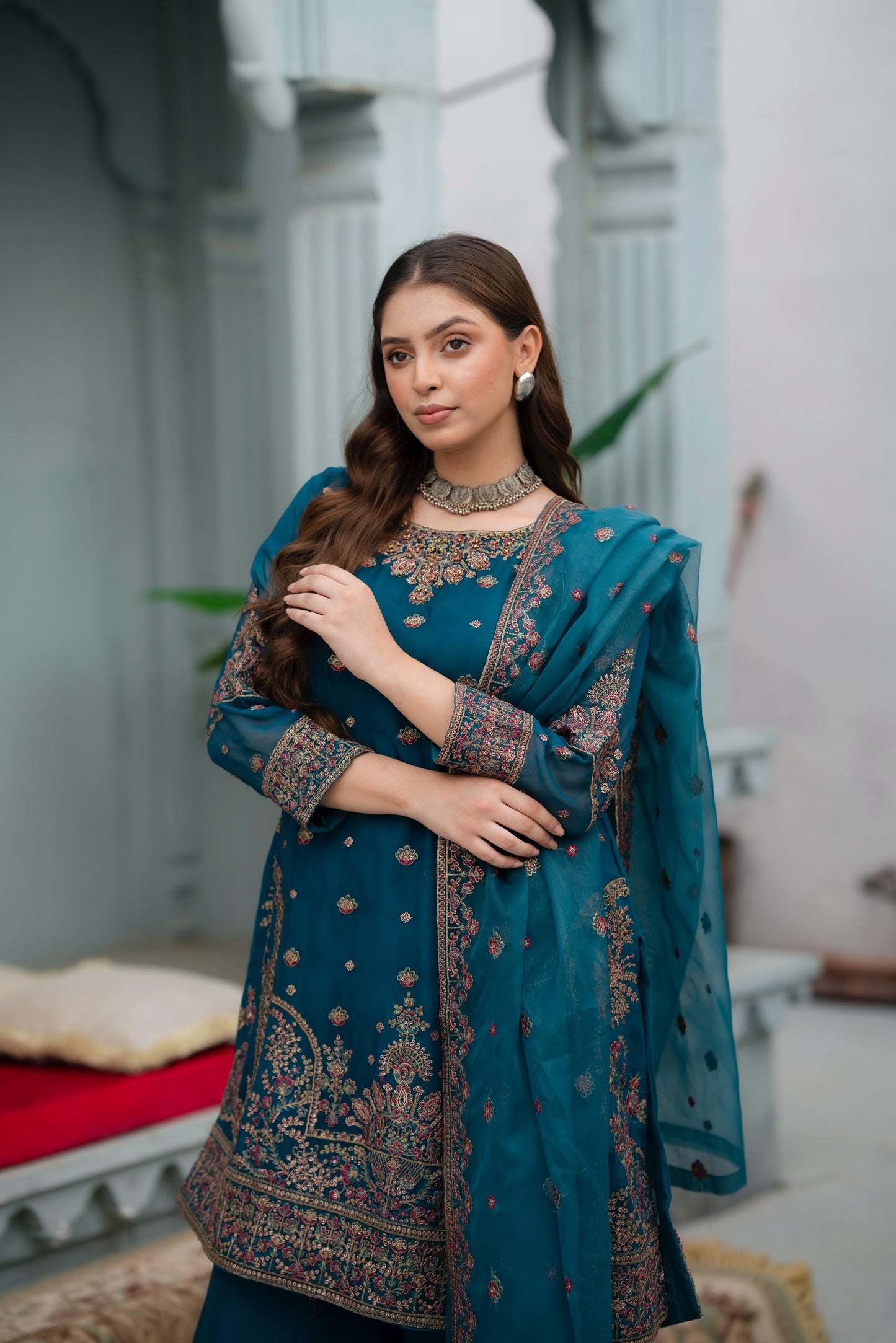 Blue Handmade Embroidered Crinkle Chiffon Outfit With Organza Dupatta
