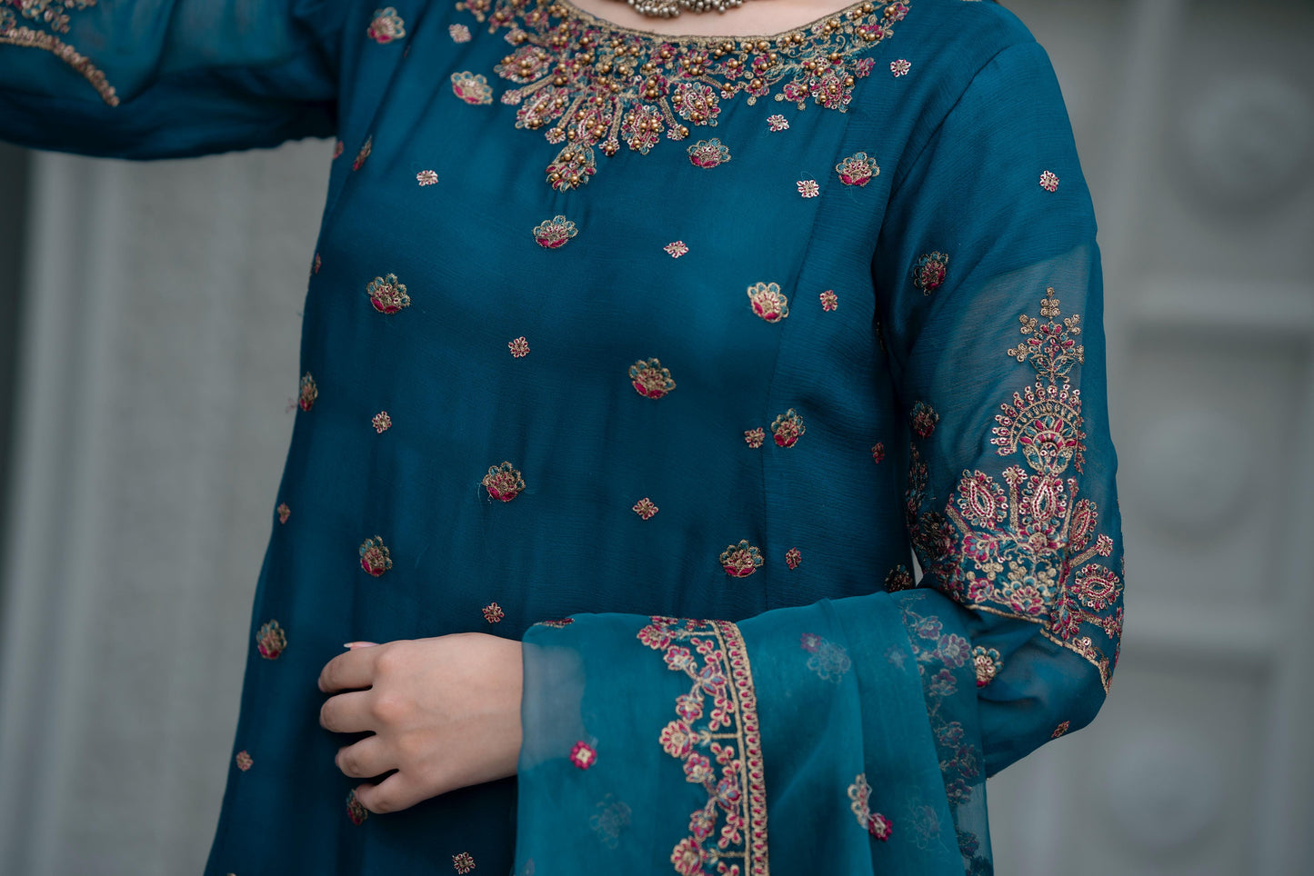 Blue Handmade Embroidered Crinkle Chiffon Outfit With Organza Dupatta