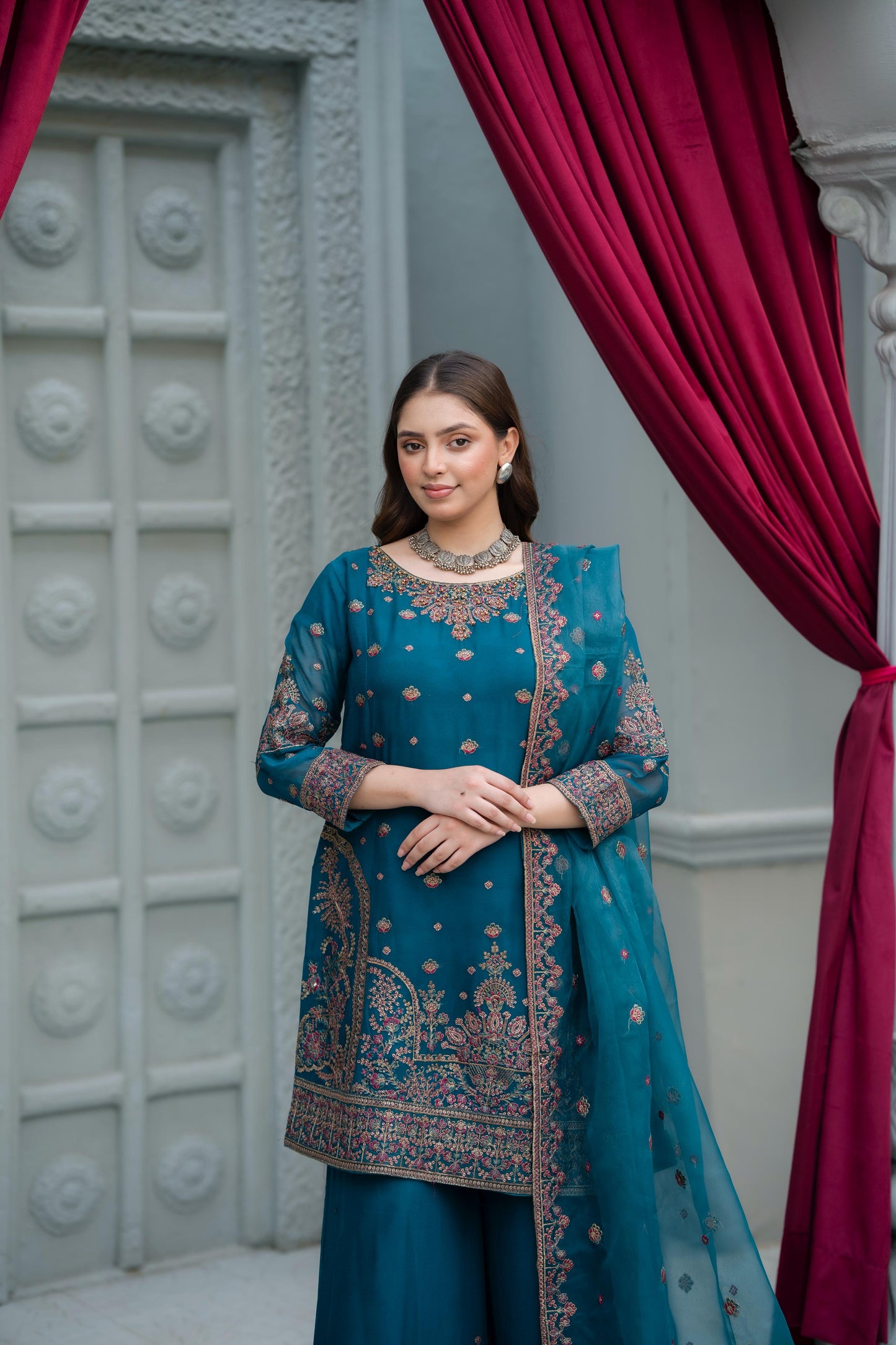 Blue Handmade Embroidered Crinkle Chiffon Outfit With Organza Dupatta