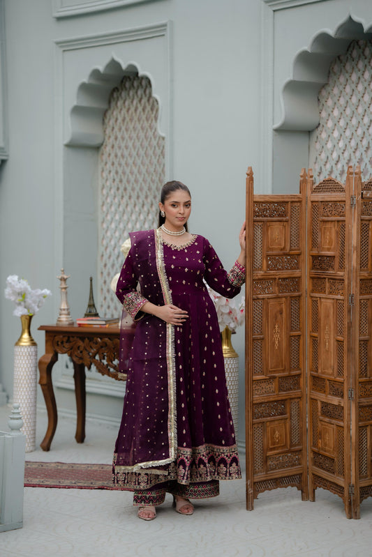 Gulnaz – Purple & Gold Crinkle Chiffon 3pc Suit