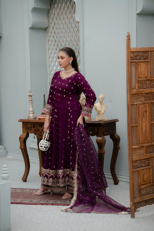 Gulnaz – Purple & Gold Crinkle Chiffon 3pc Suit