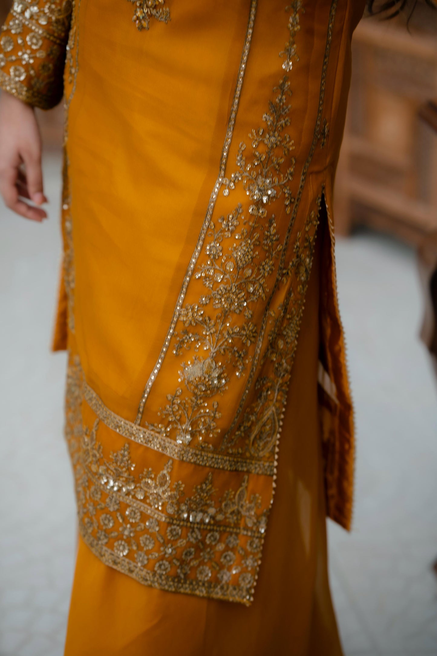 Mustard-Gold Crinkle Chiffon 3 pc Suit