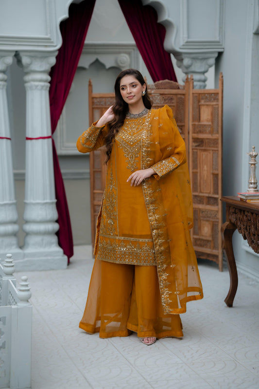 Mustard-Gold Crinkle Chiffon 3 pc Suit