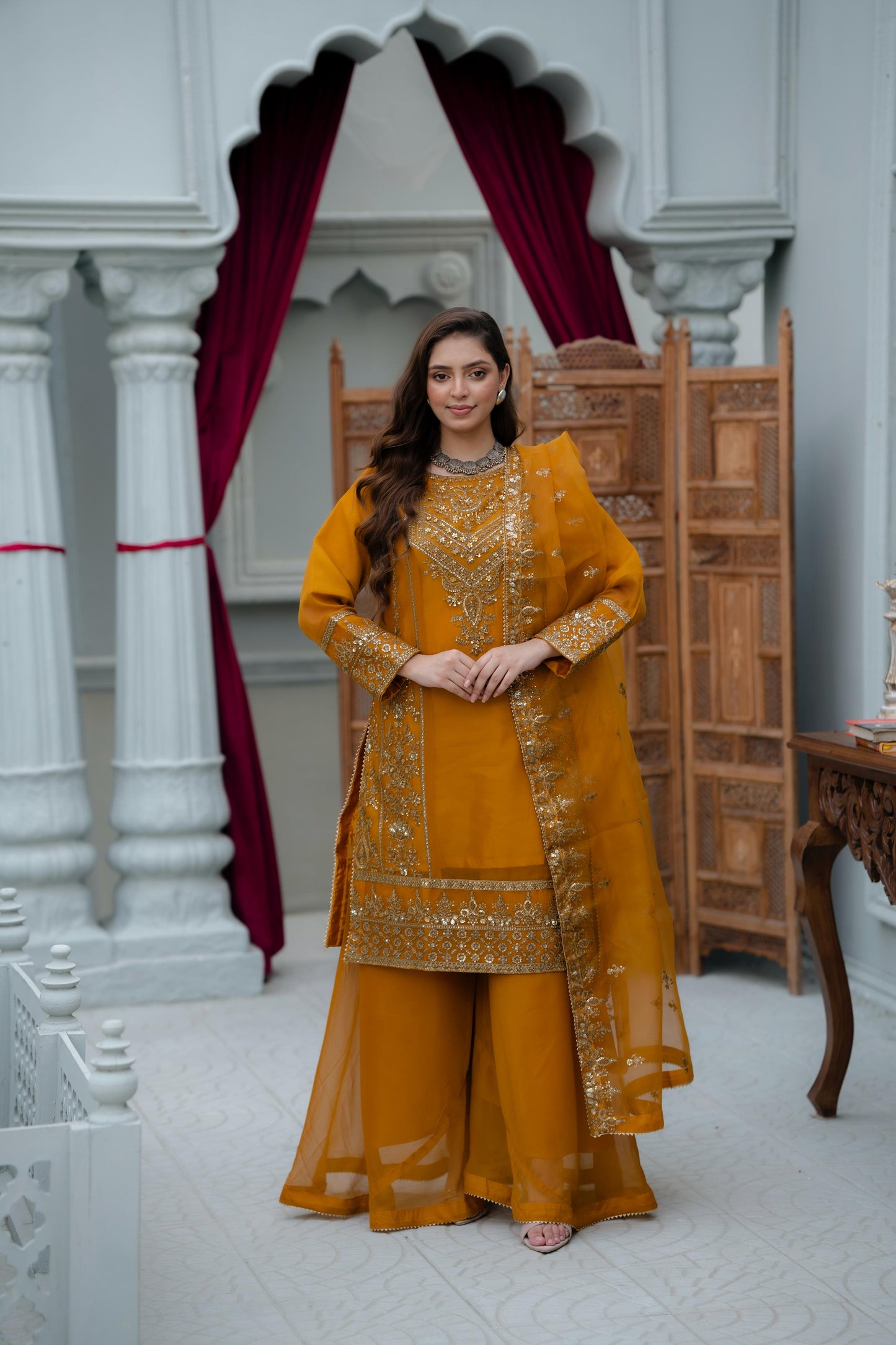 Mustard-Gold Crinkle Chiffon 3 pc Suit
